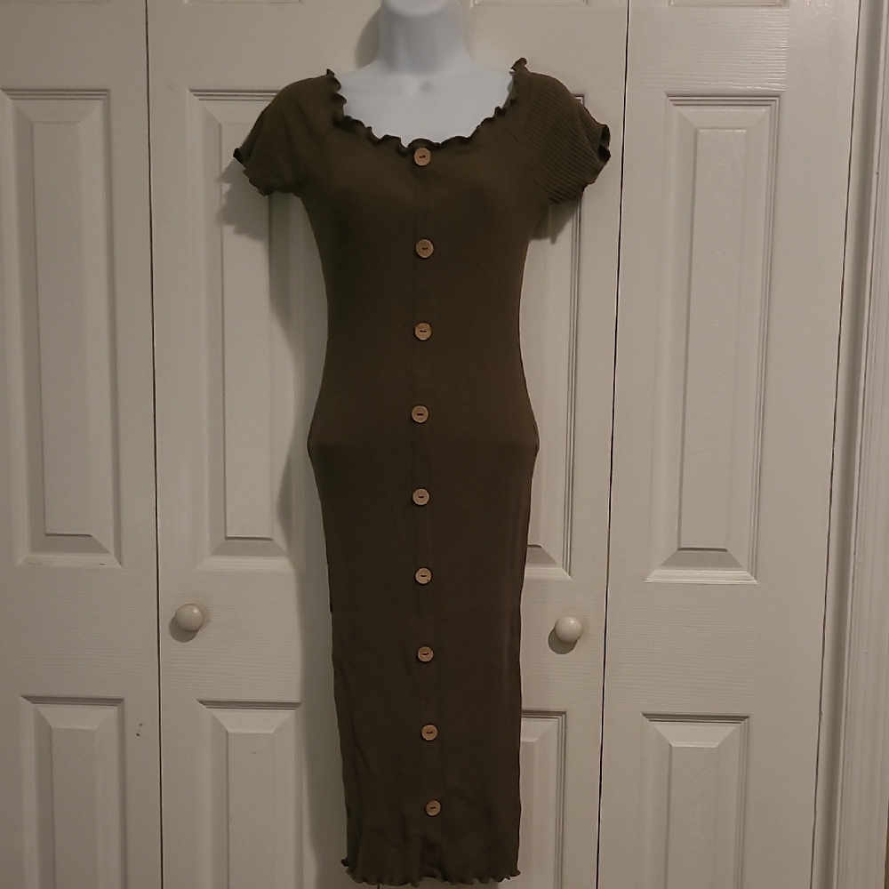 Derek Heart Brown Button-Front Midi Dress